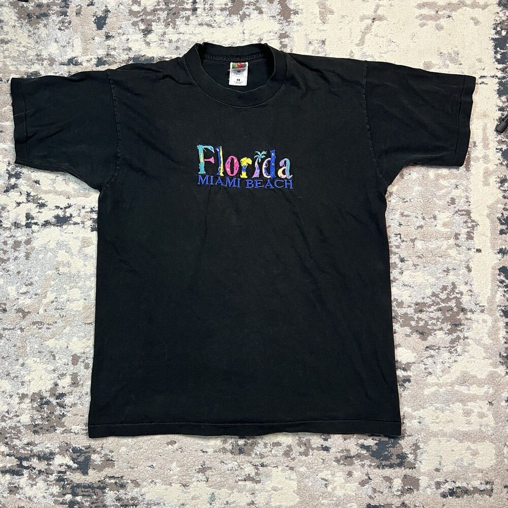 VTG Y2K Florida Miami Beach Embroidered Single Stitch Black Men's XL T-Shirt